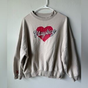 PLAYBOY oversized Women's Beige Sweater with Red Heart